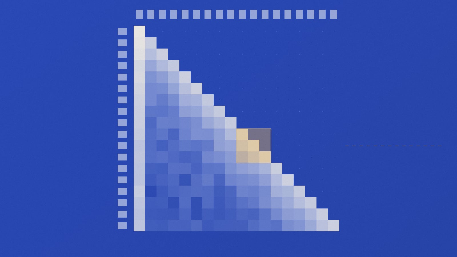 A causal attention matrix computed one tile at a time, with the running softmax streaming out of the active row